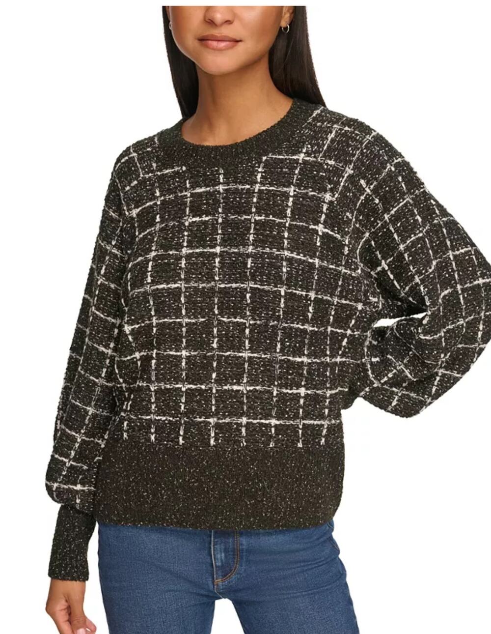 Karl Lagerfeld Tweed Plaid Sweater XS NWT Gray White Shimmer Academia Career